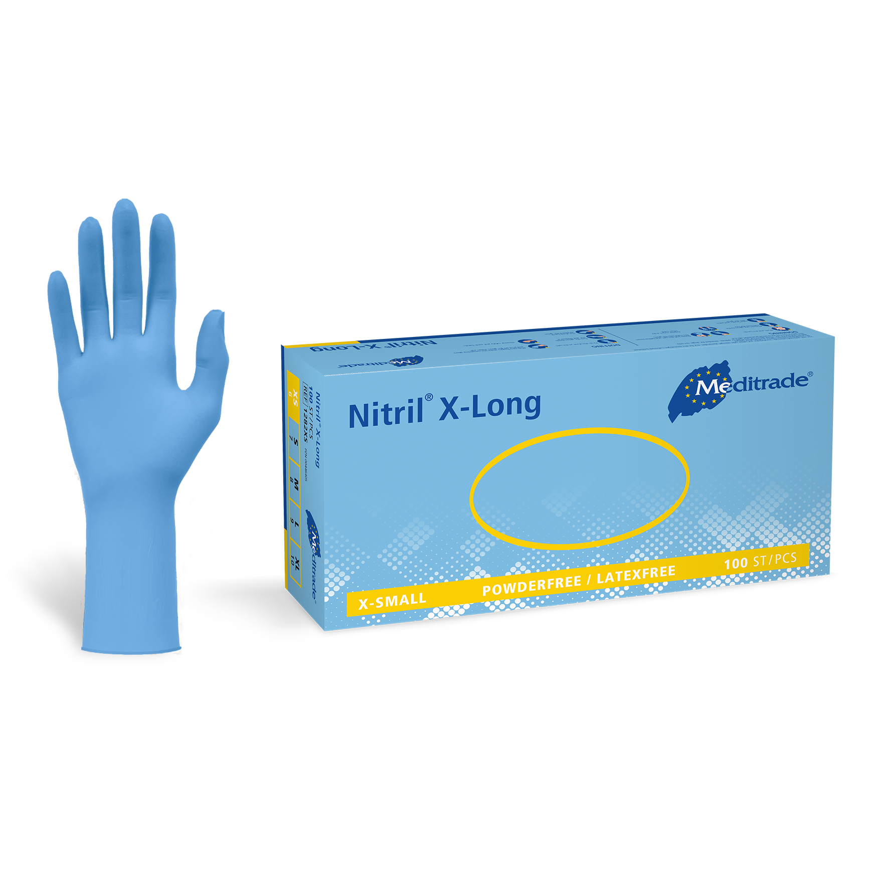 Meditrade Nitril® x-long Nitriluntersuchungs- und Schutzhandschuhe, Blau, Puderfrei, 1 Karton = 10 x 100 = 1.000 Stück
