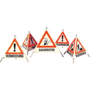 Warnpyramide, Faltsignal, leicht, Beschriftung: Baustelle, Baumfällung, Mäharbeiten, Zeichen: Ausrufezeichen (VZ101), Seitenlänge 90 cm, tagesleuchtend weiß